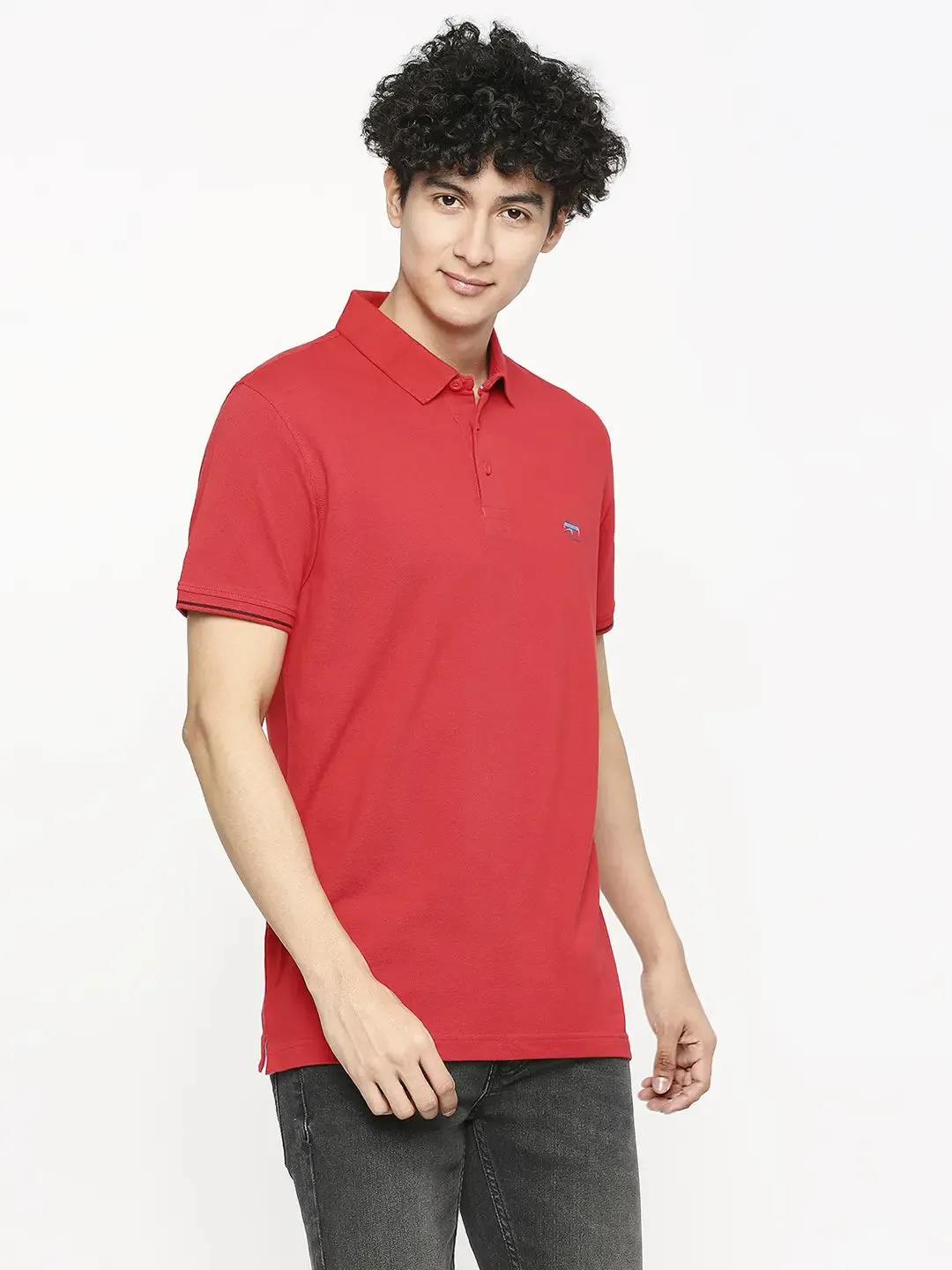 Spykar Men True Red Cotton Slim Fit Plain Polo Neck Tshirt