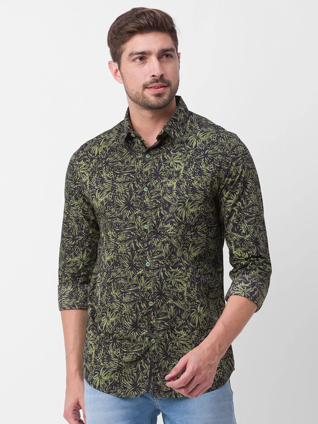 Spykar Olive Green Cotton Full Sleeve Printed Shirt For Men