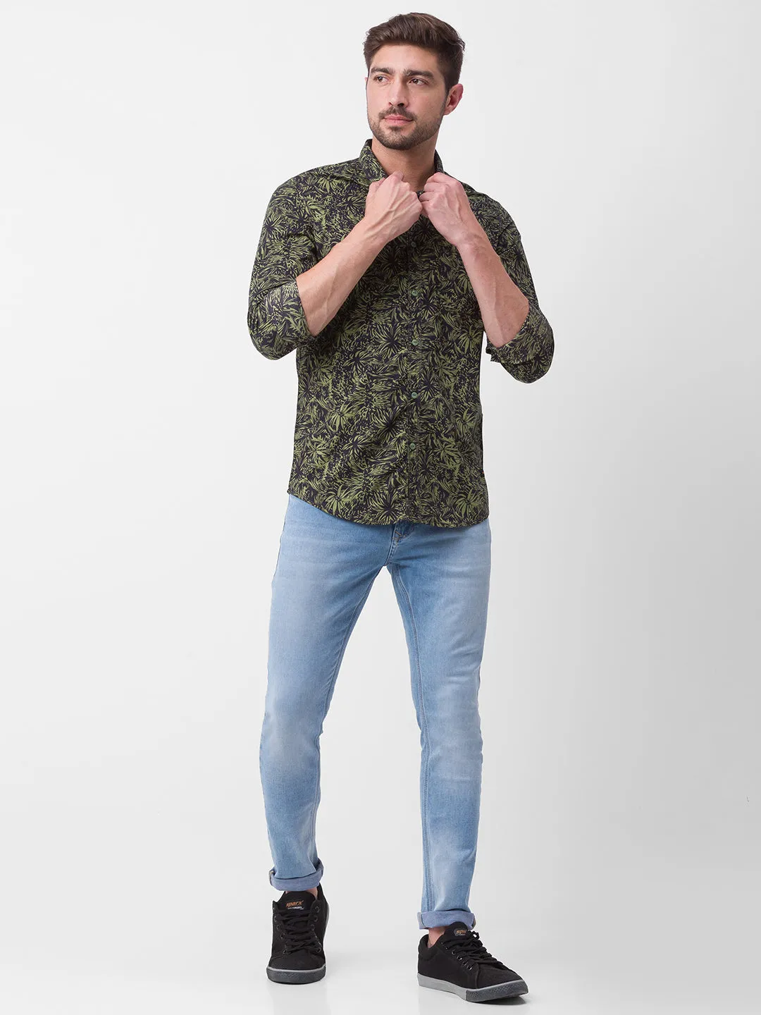 Spykar Olive Green Cotton Full Sleeve Printed Shirt For Men