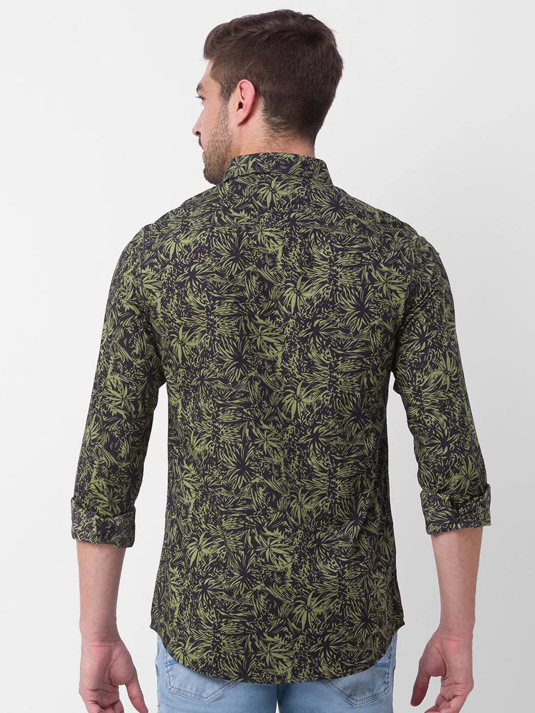 Spykar Olive Green Cotton Full Sleeve Printed Shirt For Men