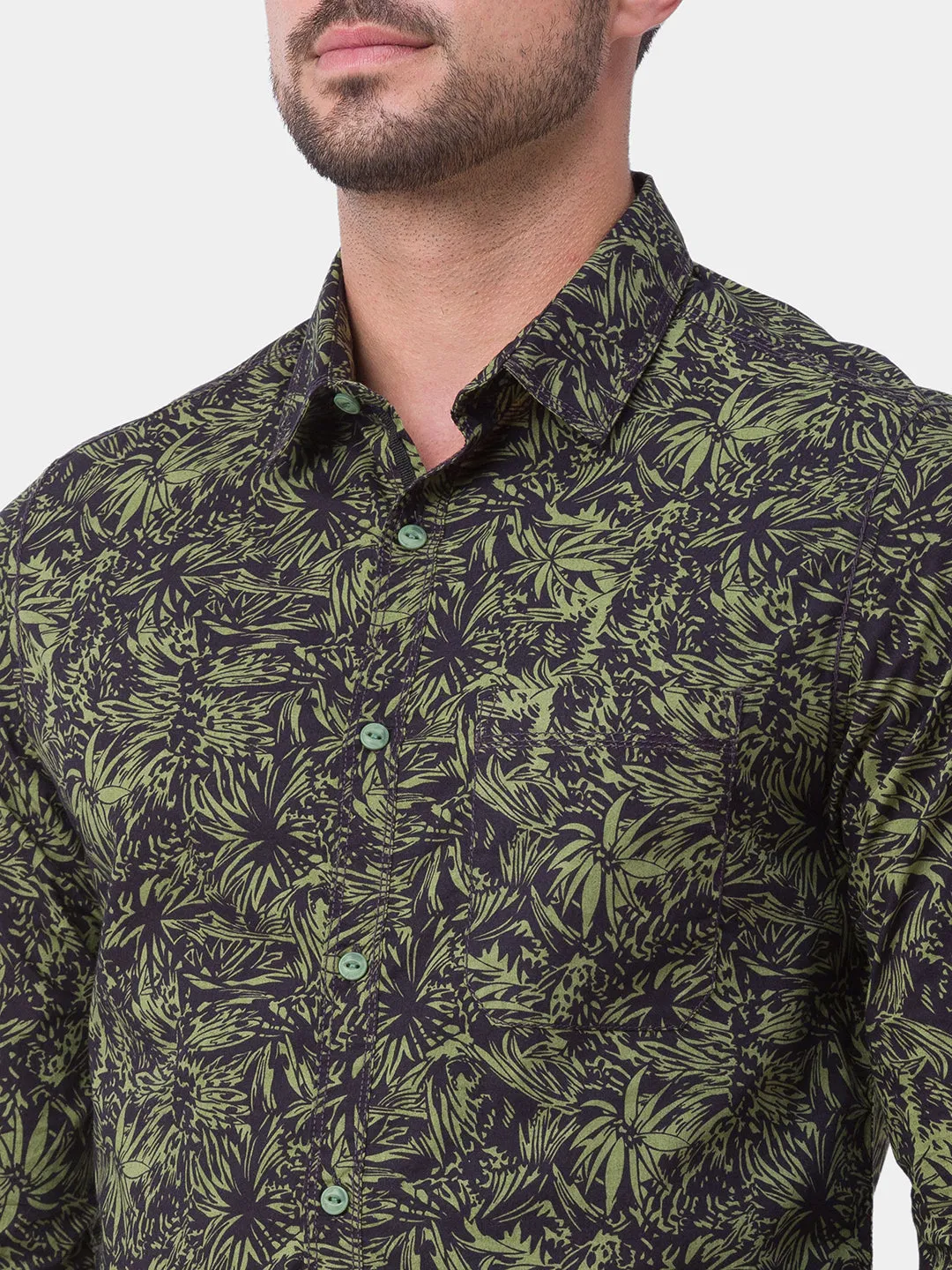 Spykar Olive Green Cotton Full Sleeve Printed Shirt For Men