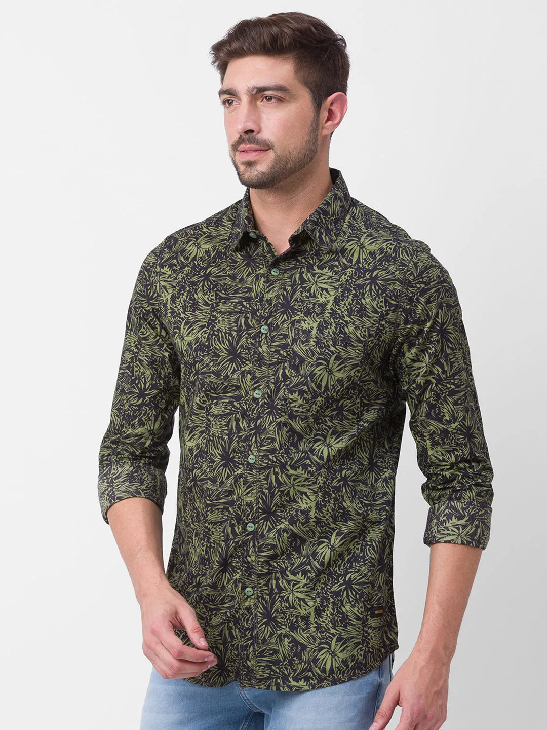 Spykar Olive Green Cotton Full Sleeve Printed Shirt For Men