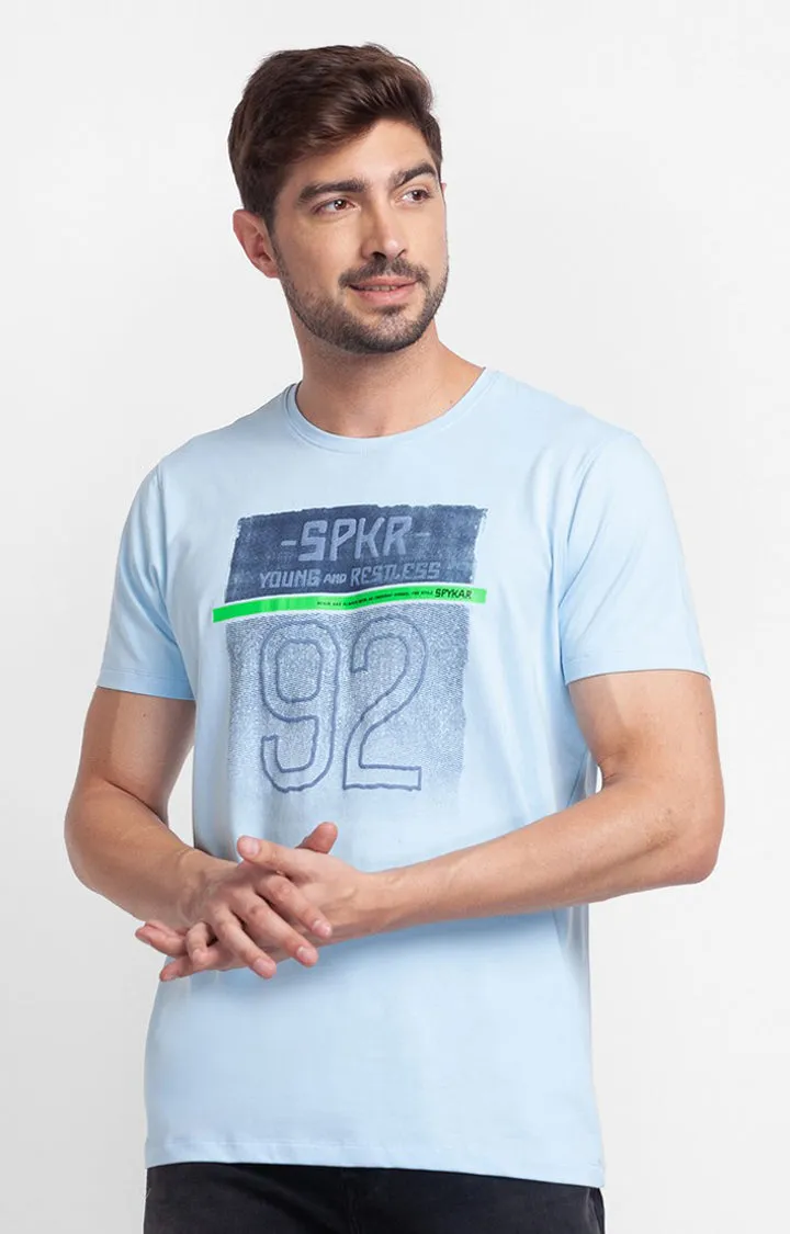 Spykar Powder Blue Cotton Half Sleeve Printed Casual T-Shirt For Men