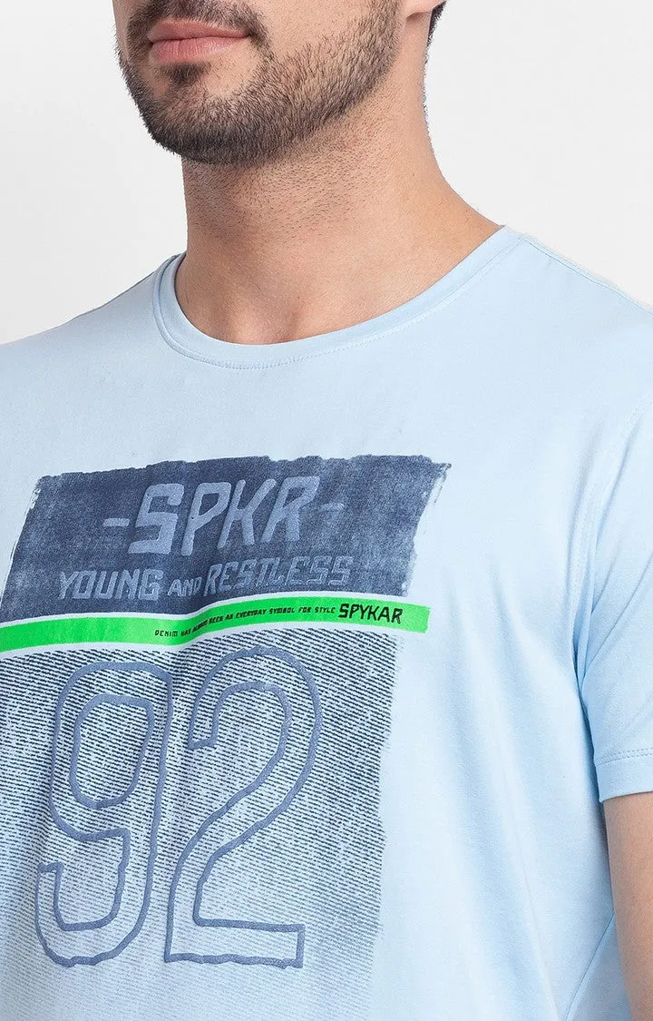 Spykar Powder Blue Cotton Half Sleeve Printed Casual T-Shirt For Men