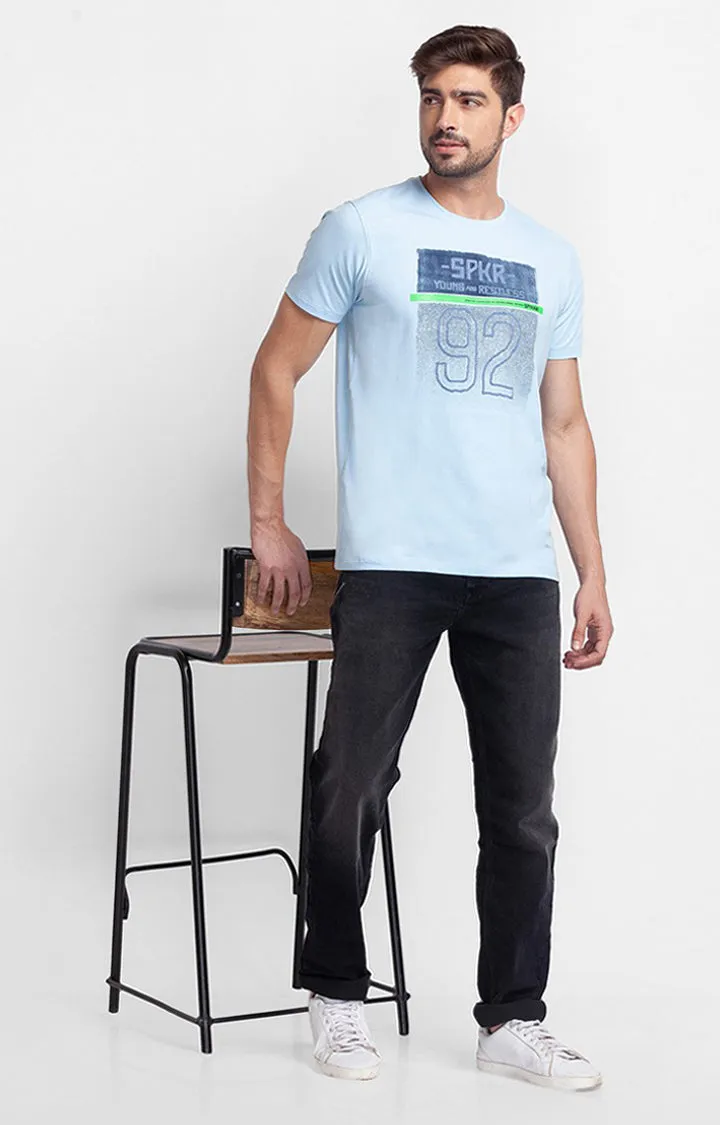 Spykar Powder Blue Cotton Half Sleeve Printed Casual T-Shirt For Men