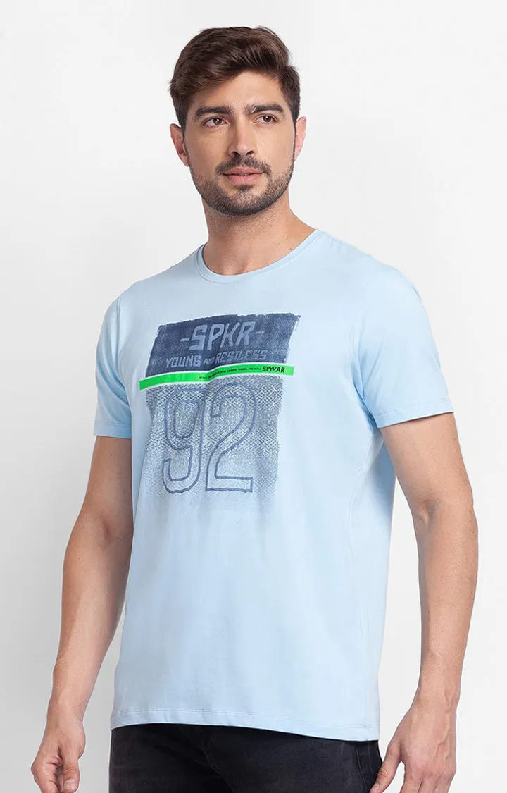 Spykar Powder Blue Cotton Half Sleeve Printed Casual T-Shirt For Men