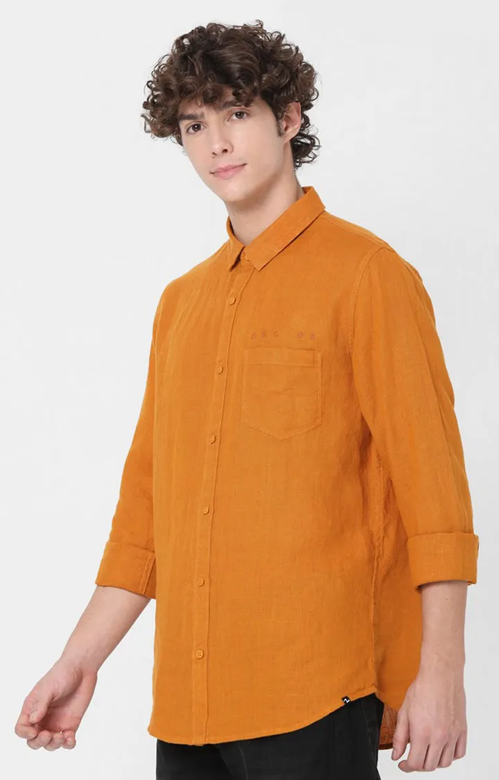 Spykar Slim Fit Orange Plain Full Sleeve Shirts For Men