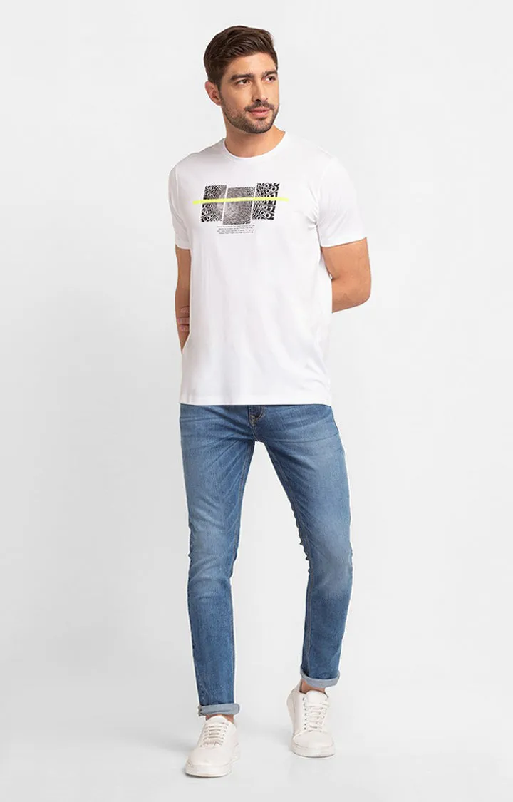 Spykar White Cotton Half Sleeve Printed Casual T-Shirt For Men