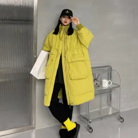 Stand-Up Collar Full Zip Drawstring Knee-Length Puffer Jacket