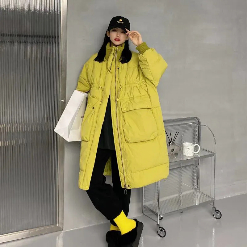 Stand-Up Collar Full Zip Drawstring Knee-Length Puffer Jacket