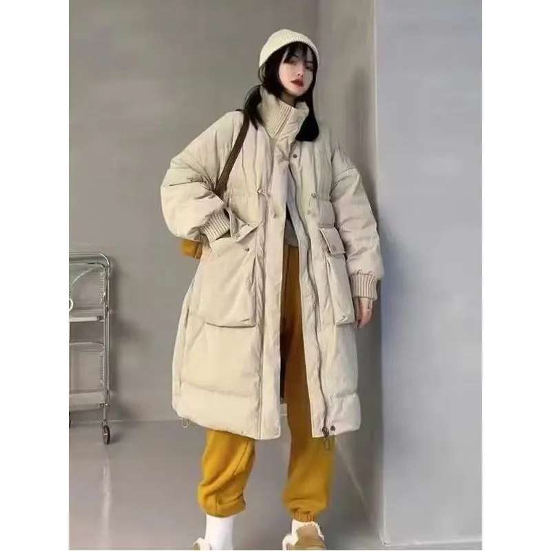 Stand-Up Collar Full Zip Drawstring Knee-Length Puffer Jacket