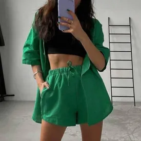 Summer Casual Shorts Suits Green Streetwear Short Sleeve Shirt 2 piece