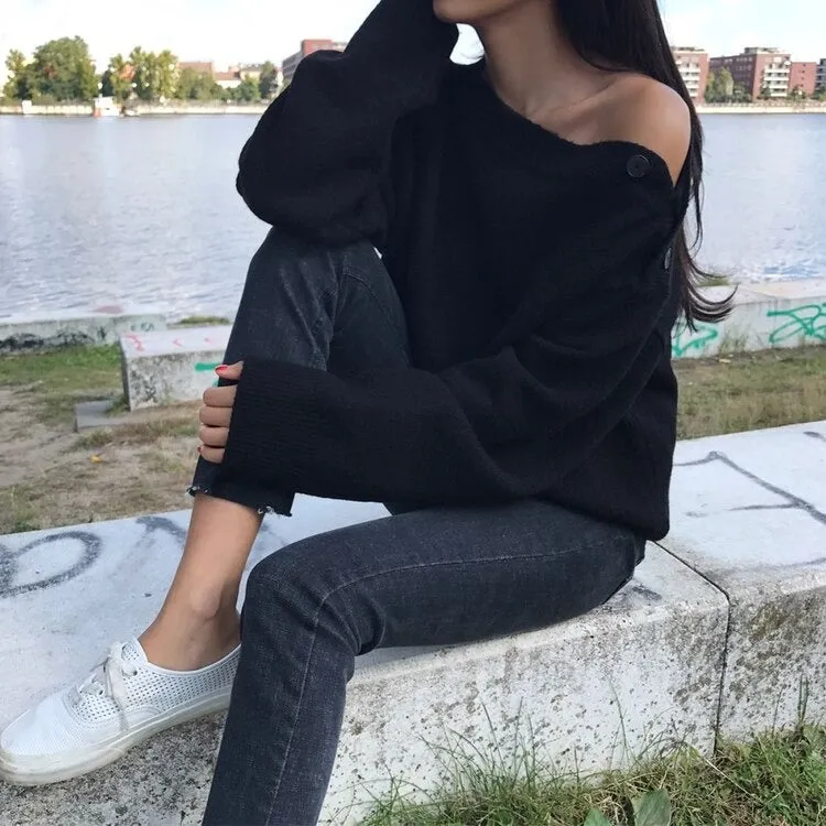 Thick Winter Slash neck pullover Elegant Knitted Oversize Sweater