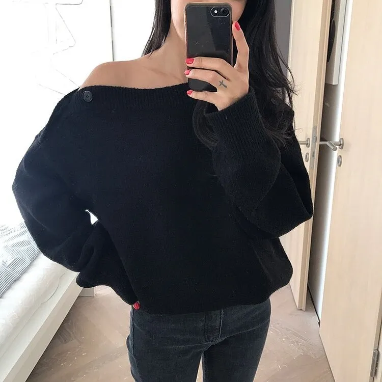 Thick Winter Slash neck pullover Elegant Knitted Oversize Sweater