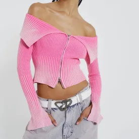 Toleet-Fairycore 00s Vintage Gradient Pink Crop Top Y2K Long Sleeve Off Shoulder Lapel Zipper Knit Cardigan Women Blouses Streetwear