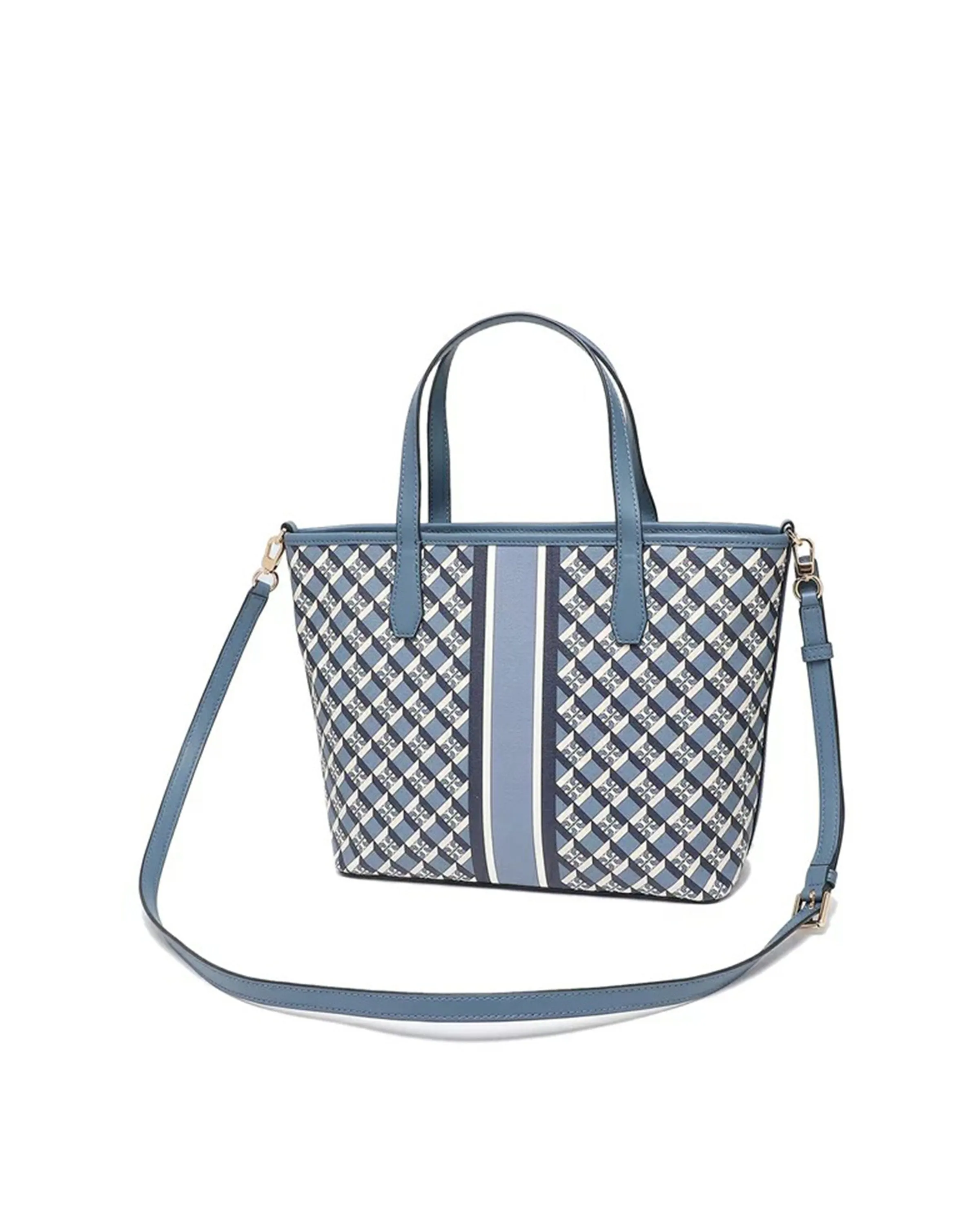 Tory Burch Navy Geo Logo With Stripe Geo Logo Mini Zip Tote