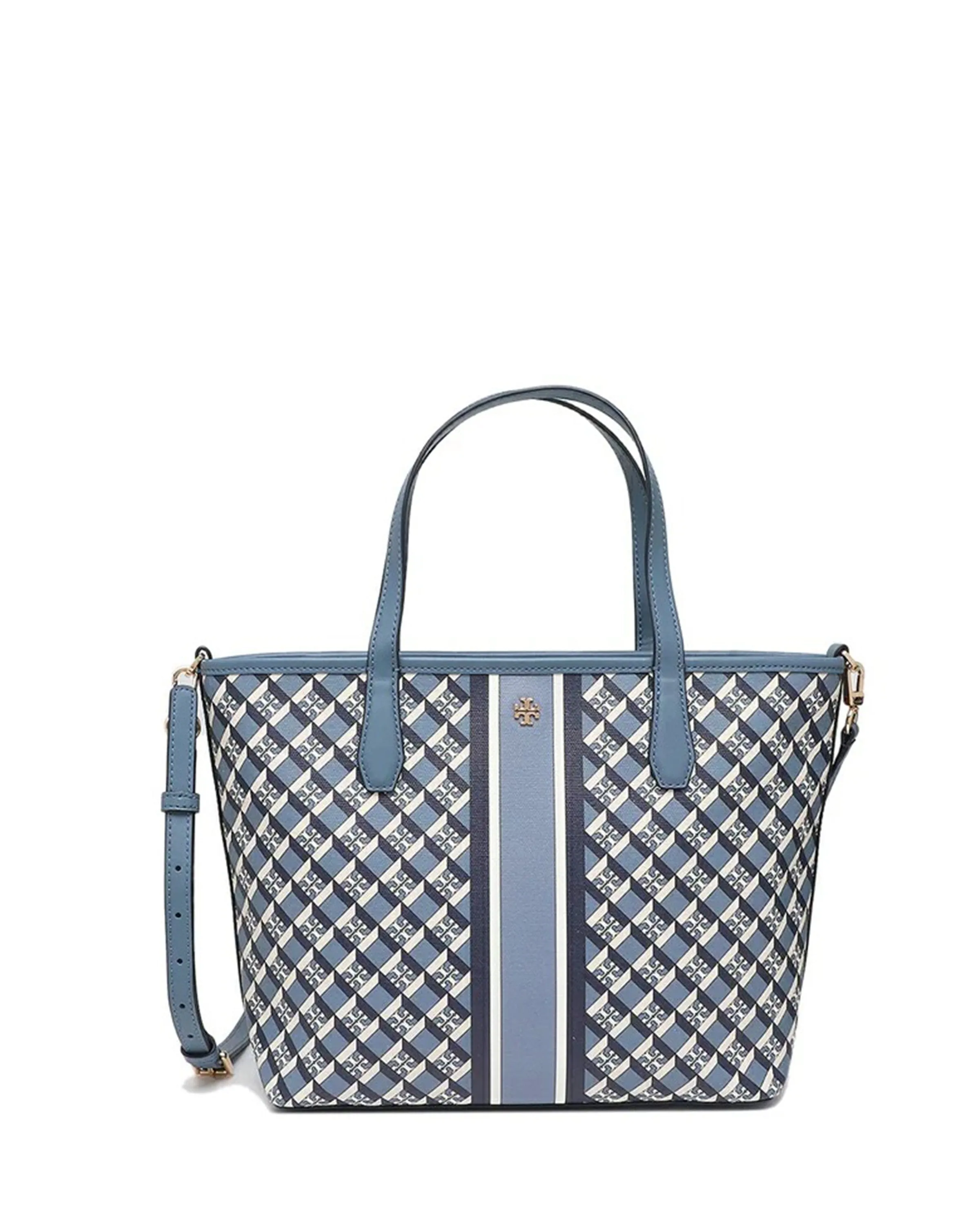 Tory Burch Navy Geo Logo With Stripe Geo Logo Mini Zip Tote