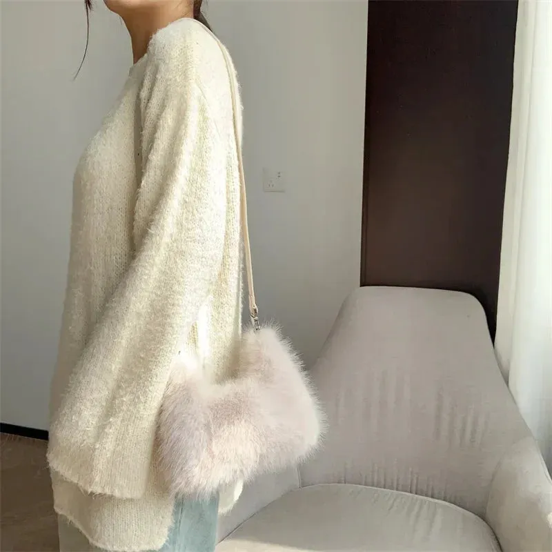 Trendy Faux Fur Plush Clutch Crossbody Handbag