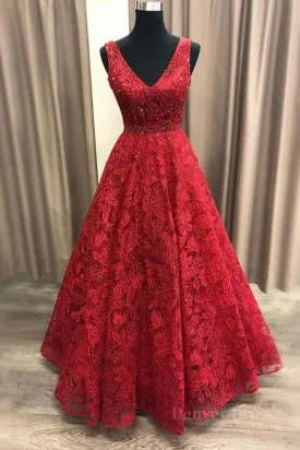 V Neck Burgundy Lace Long Prom Dresses Burgundy Lace Formal Dresses Burgundy Evening Dresses