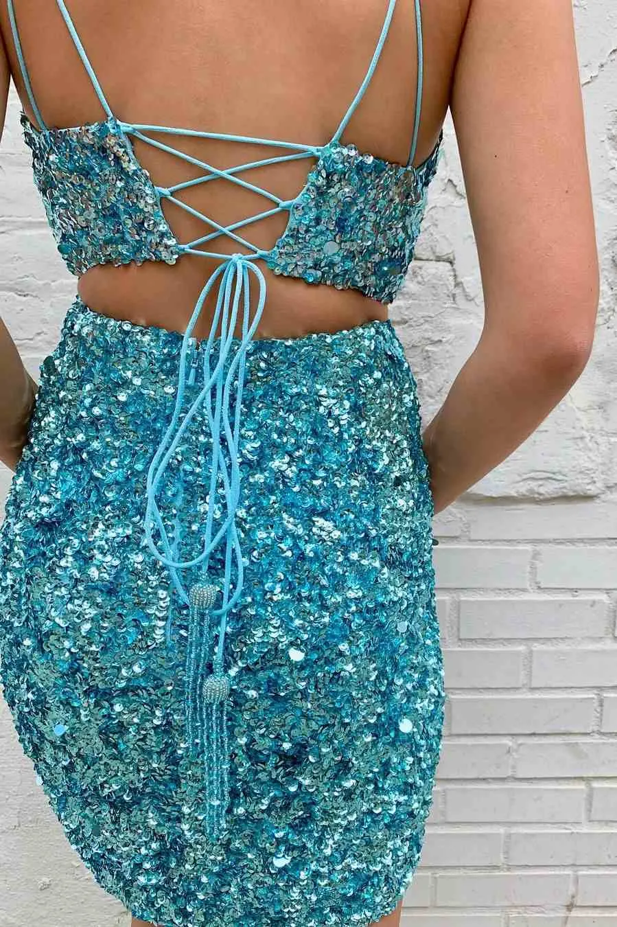 V neck Spaghetti Straps Two Pieces Homecoming Dress Blue Cute Short Prom Dress MLK05172