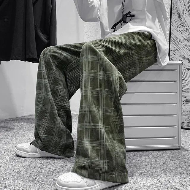 Wiaofellas Autumn Winter Corduroy Pants Men Casual Plaid Straight Pant Male Hip Hop Male Loose Trousers for Man