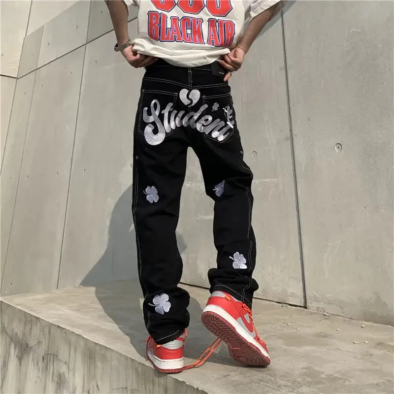 WIAOFELLAS  -  Letter Embroidery Baggy Jeans Men Street Vintage Fashion Wide Leg Mens Jeans Casual All-match Jeans for Men Clothing Pants