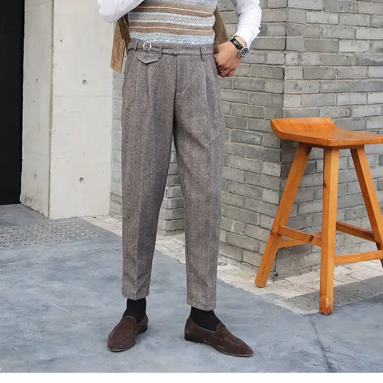 WIAOFELLAS  Men Autumn Winter Fashion High Waisted Casual Suit Pants Male Office Woolen Trousers Men Retro Loose Straight Pants W110