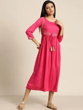 Women Fuchsia Zari Embroidered Liva Dress With Jacket