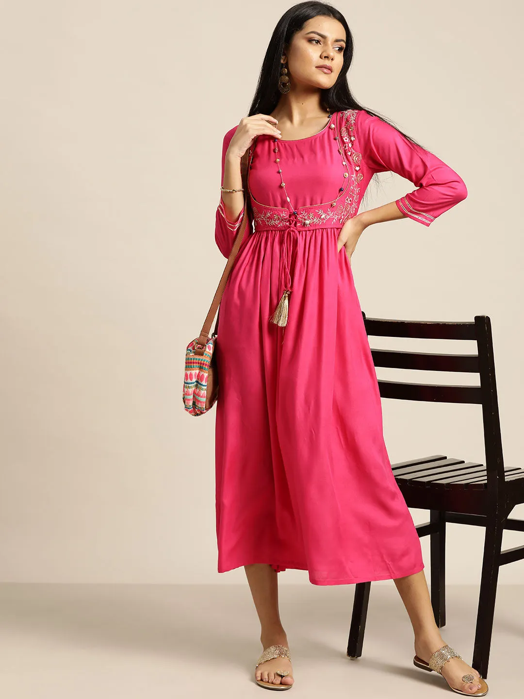 Women Fuchsia Zari Embroidered Liva Dress With Jacket