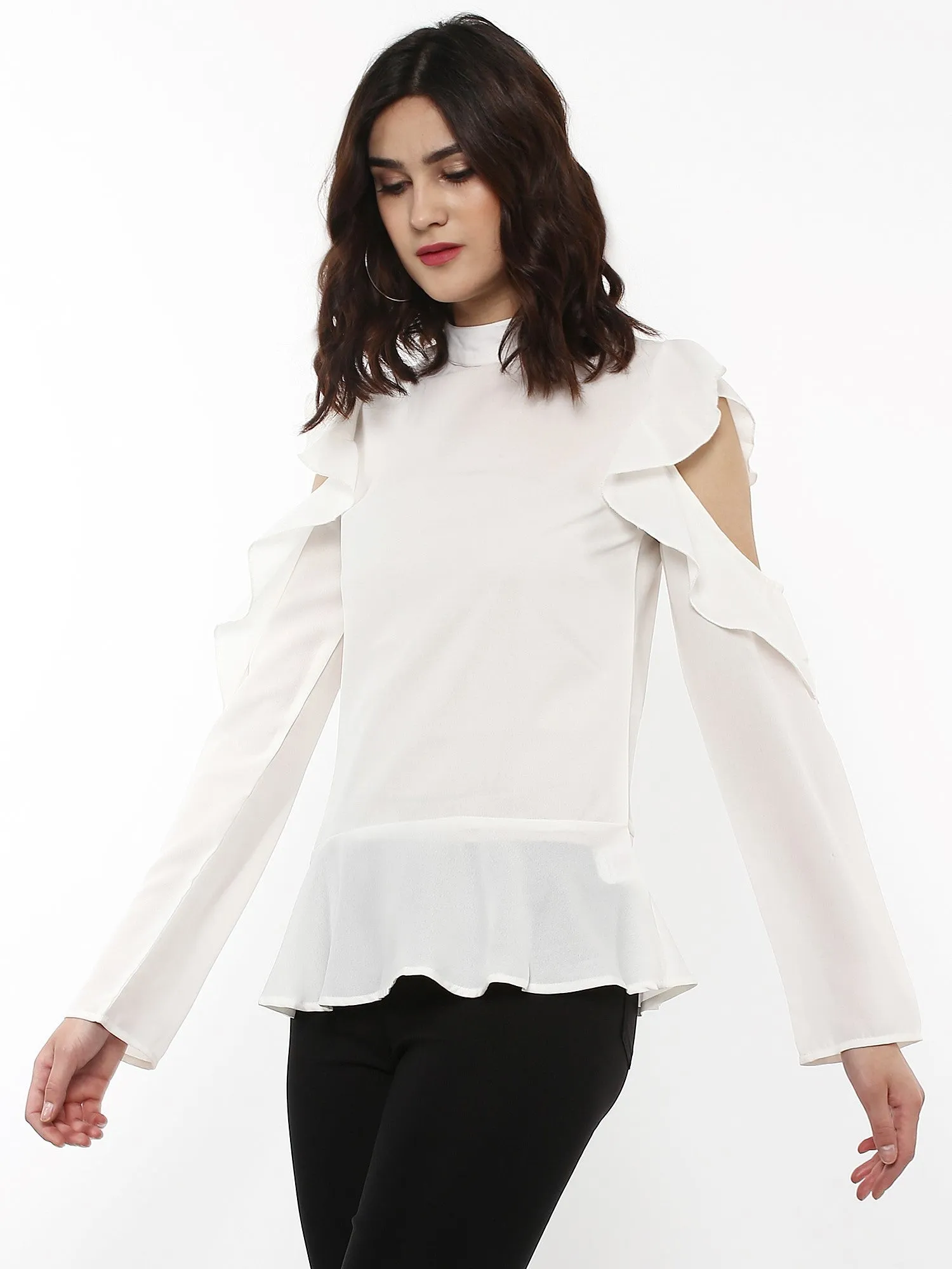 Women Layered Cold Shoulder Ivory Blouse