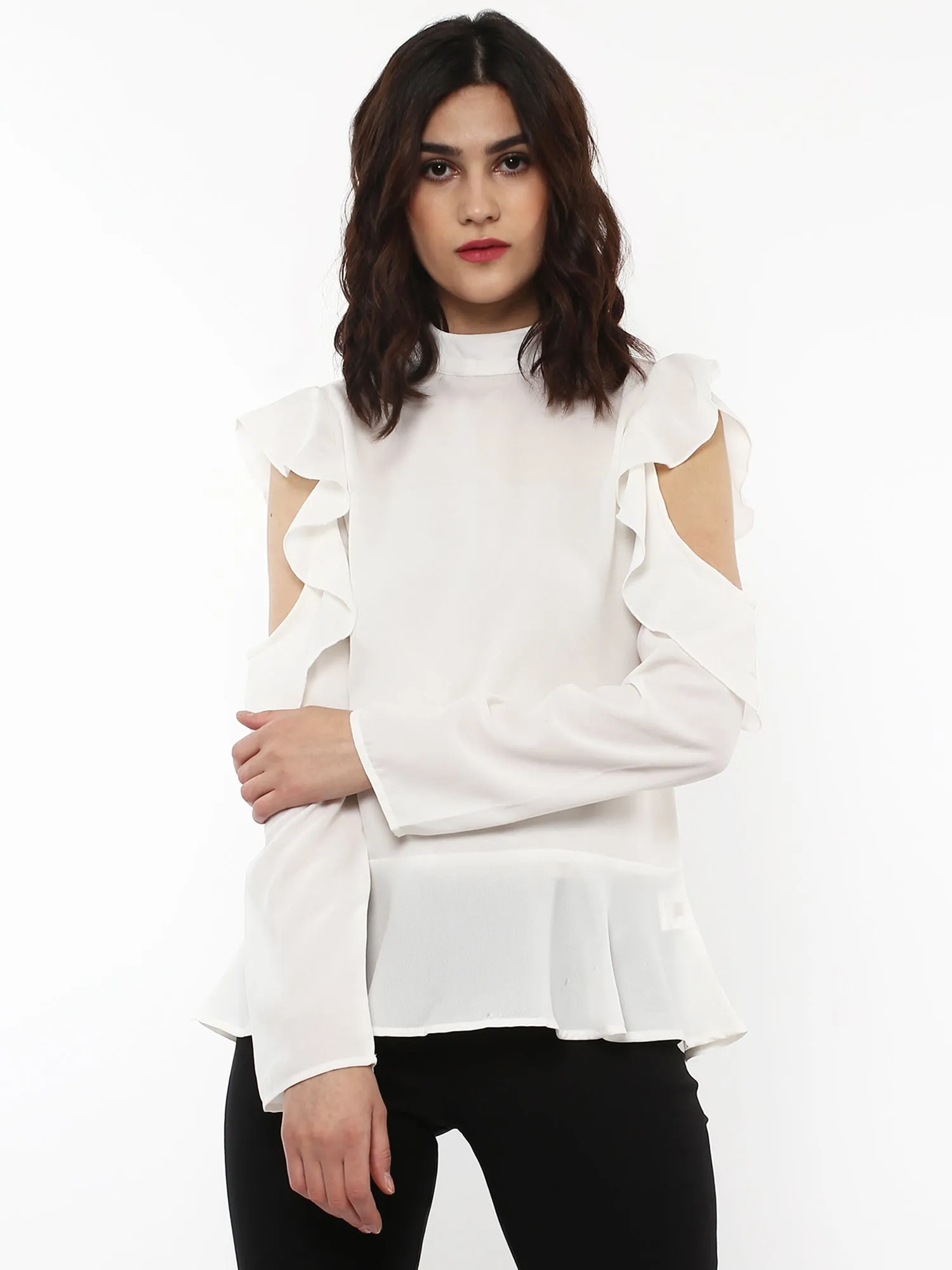 Women Layered Cold Shoulder Ivory Blouse