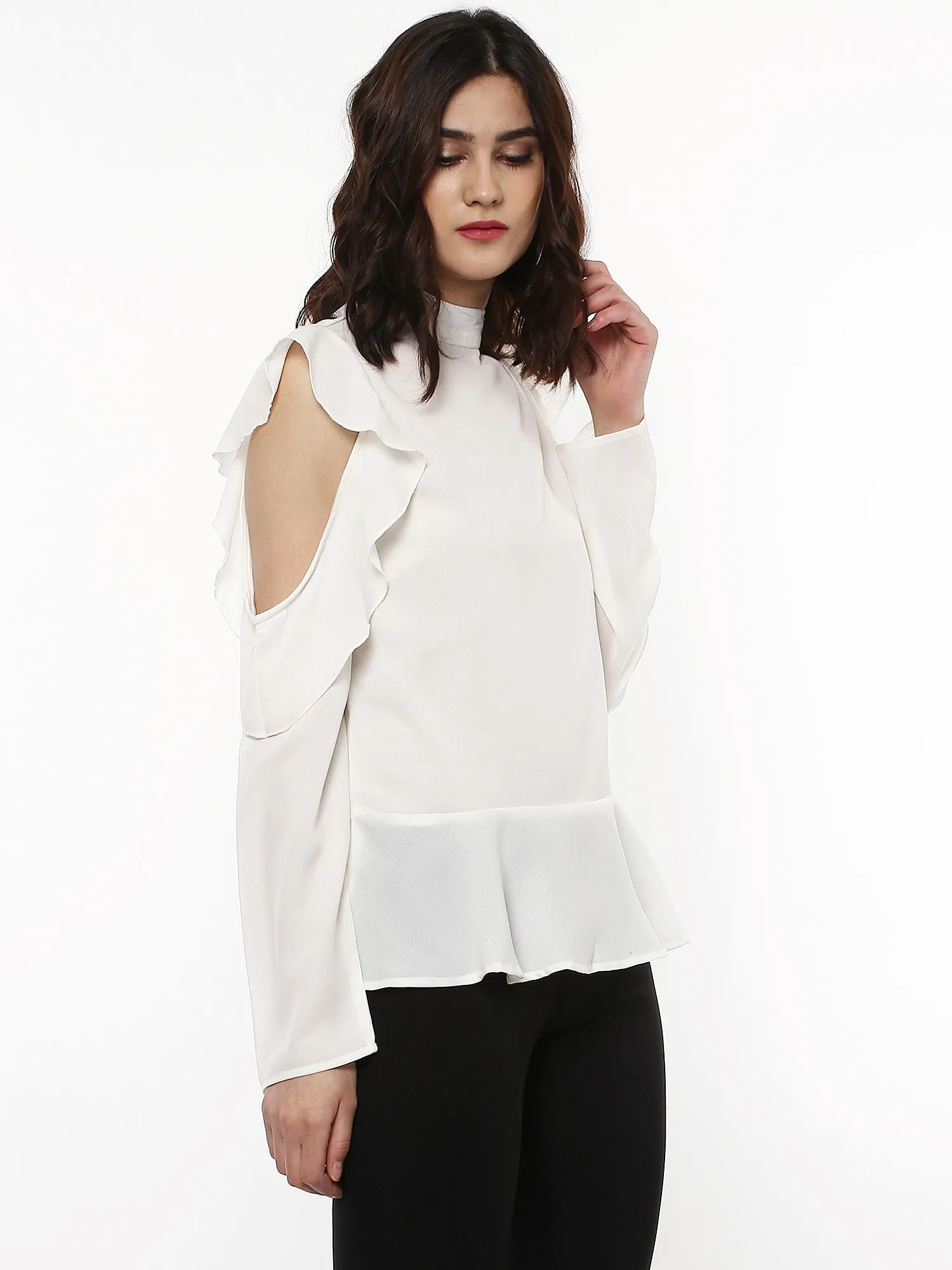 Women Layered Cold Shoulder Ivory Blouse