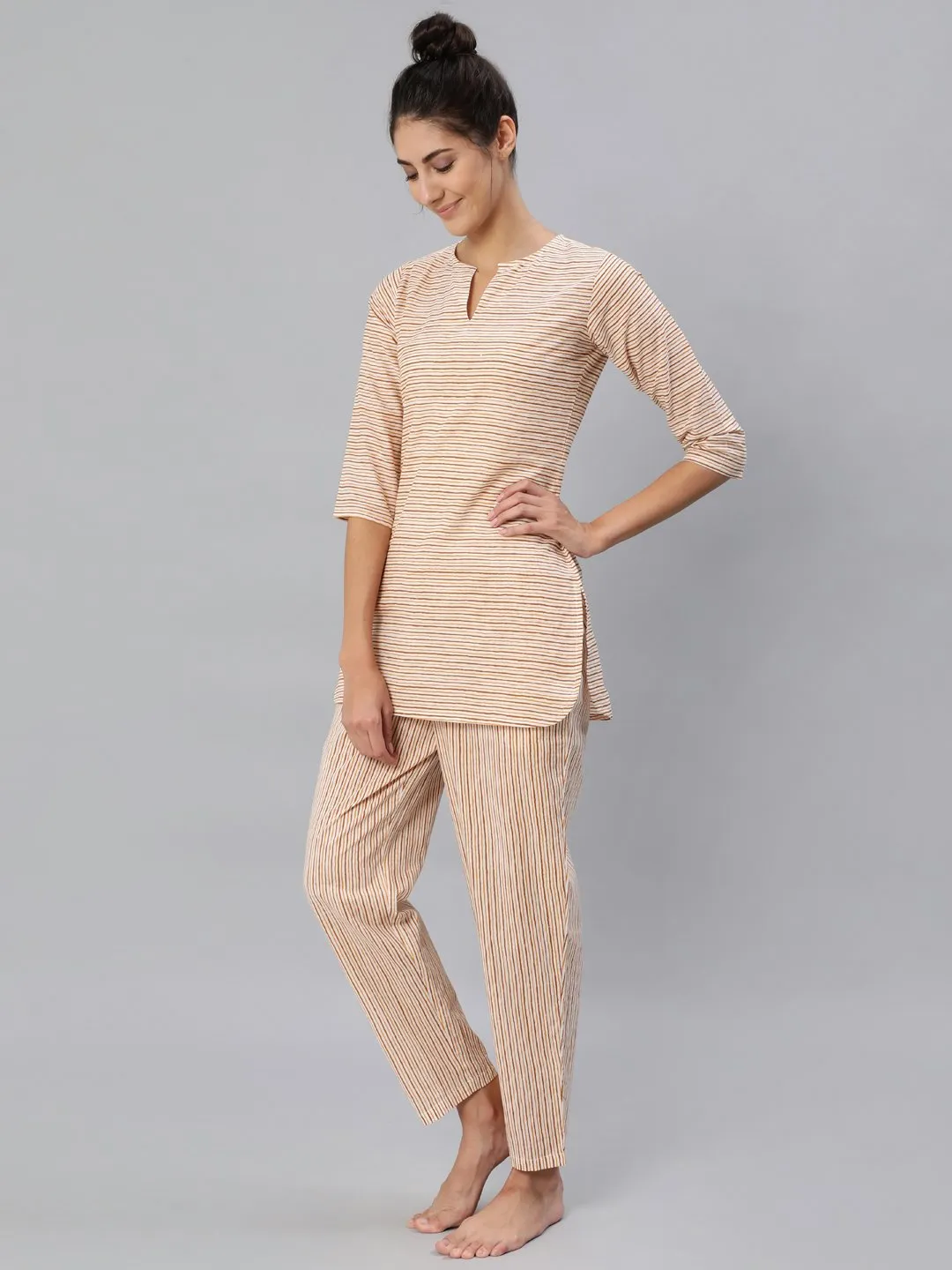 Women Mustard & Off-White Striped Night Suit Set