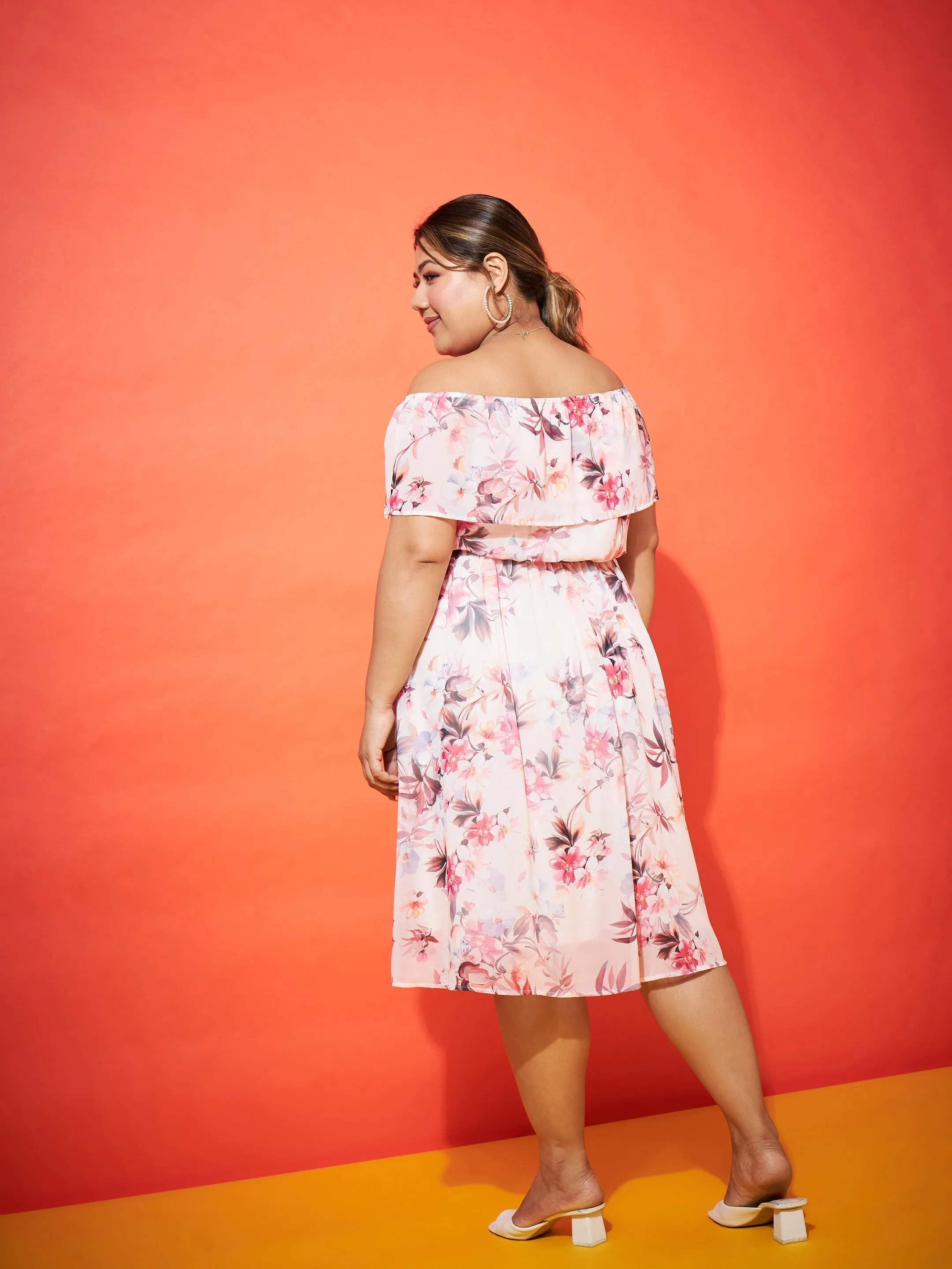 Women Pink Floral Off Shoulder Belted Dress