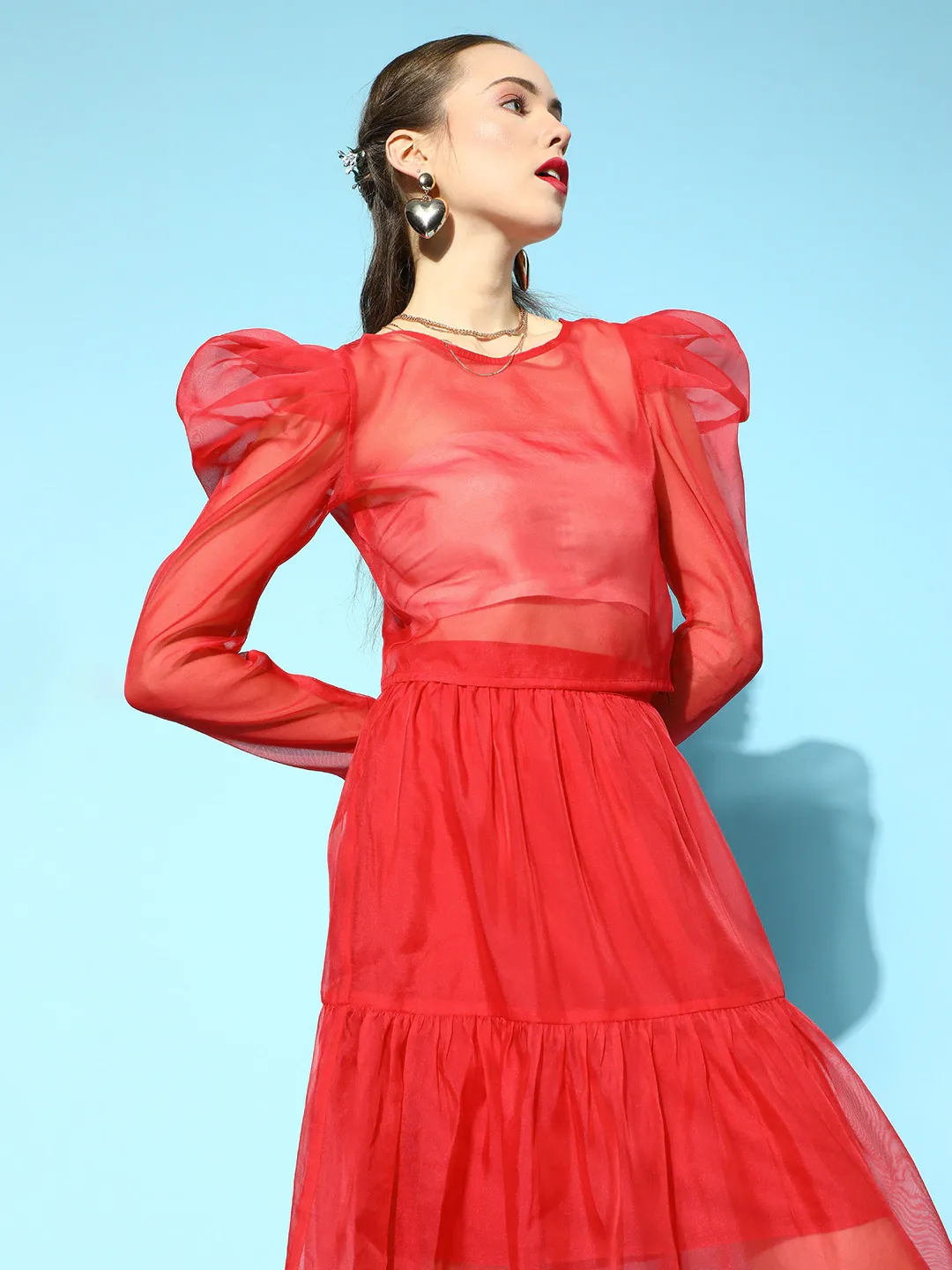 Women Red Organza Power Shoulder Sheer Crop Top