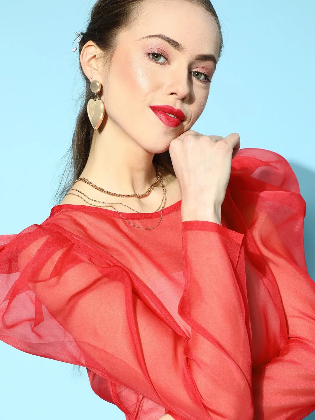 Women Red Organza Power Shoulder Sheer Crop Top