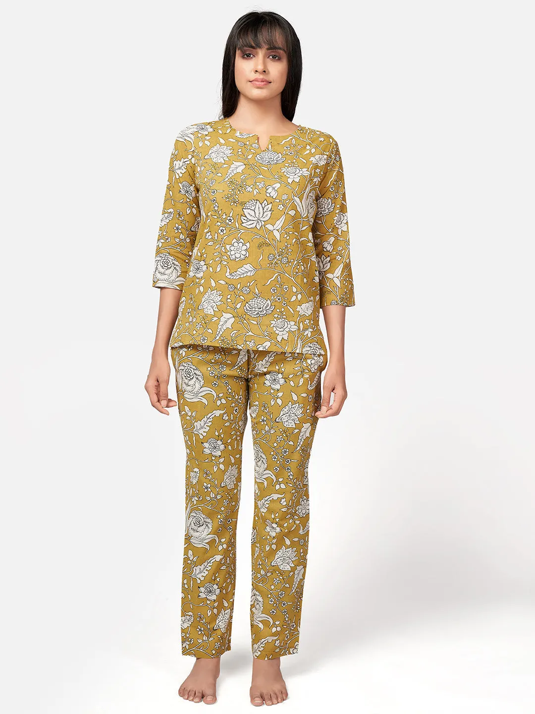 Women'S Mustard Floral Print Cotton Night Suit Set- (2Pcs Set)