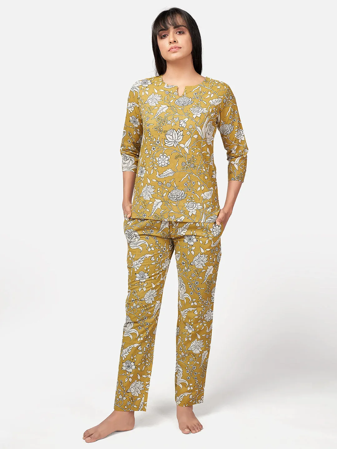 Women'S Mustard Floral Print Cotton Night Suit Set- (2Pcs Set)