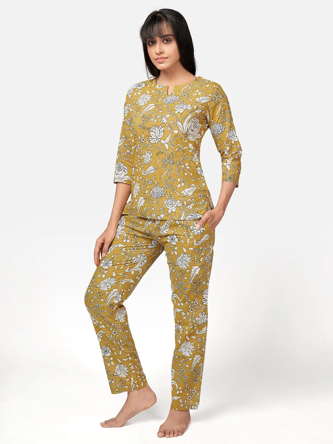 Women'S Mustard Floral Print Cotton Night Suit Set- (2Pcs Set)