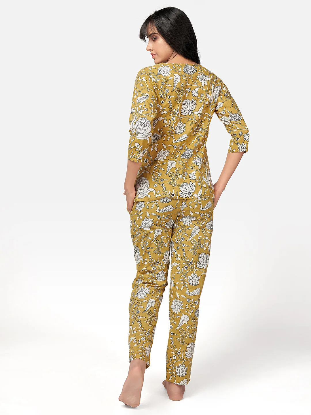 Women'S Mustard Floral Print Cotton Night Suit Set- (2Pcs Set)