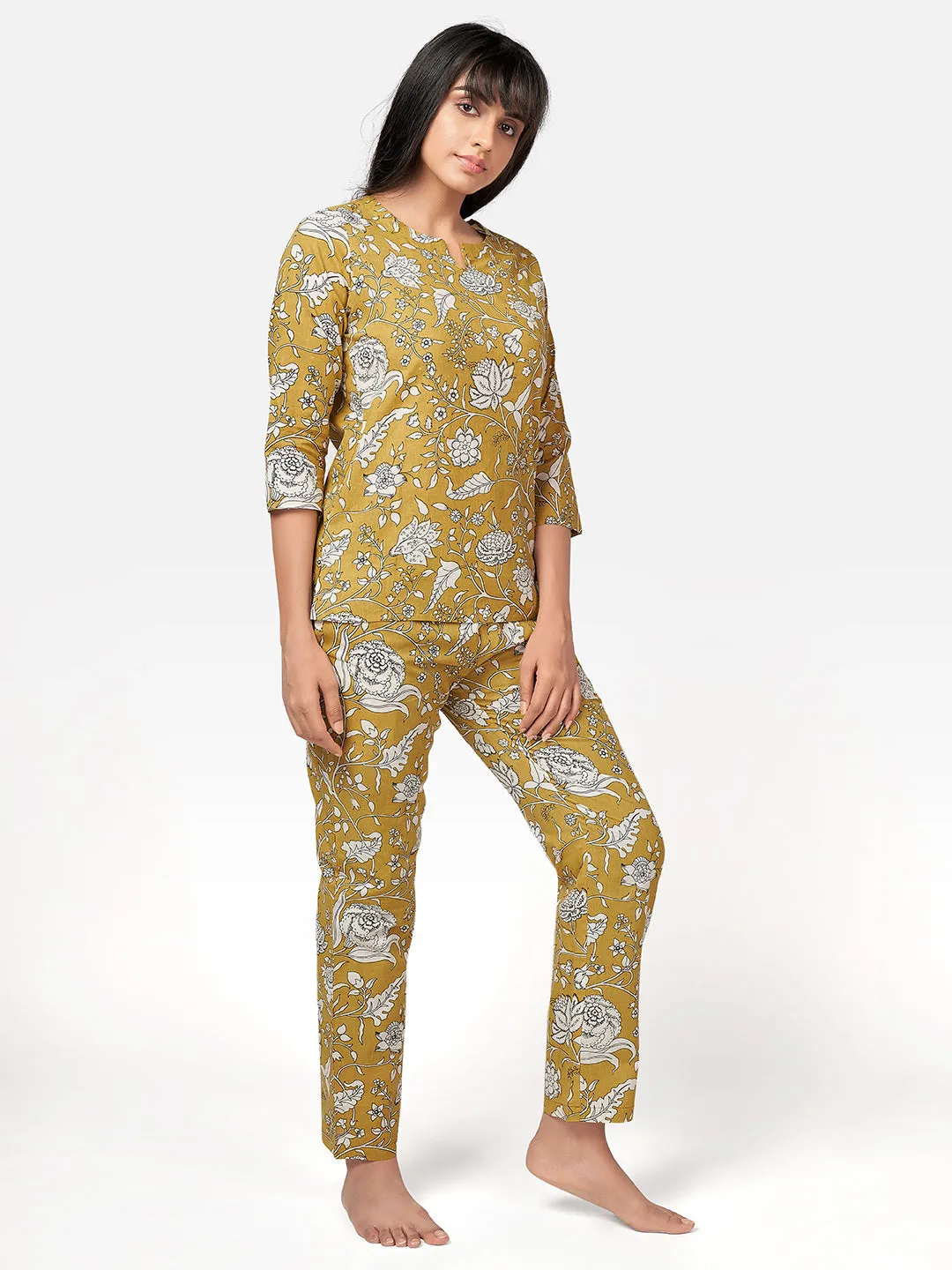 Women'S Mustard Floral Print Cotton Night Suit Set- (2Pcs Set)