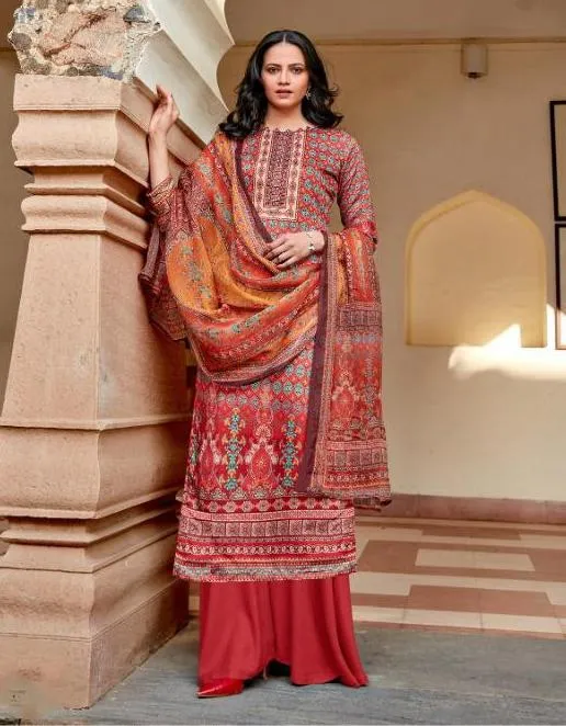 Women's Orange Cotton Pakistani unstitched suits Dress Material With Chiffon Dupatta