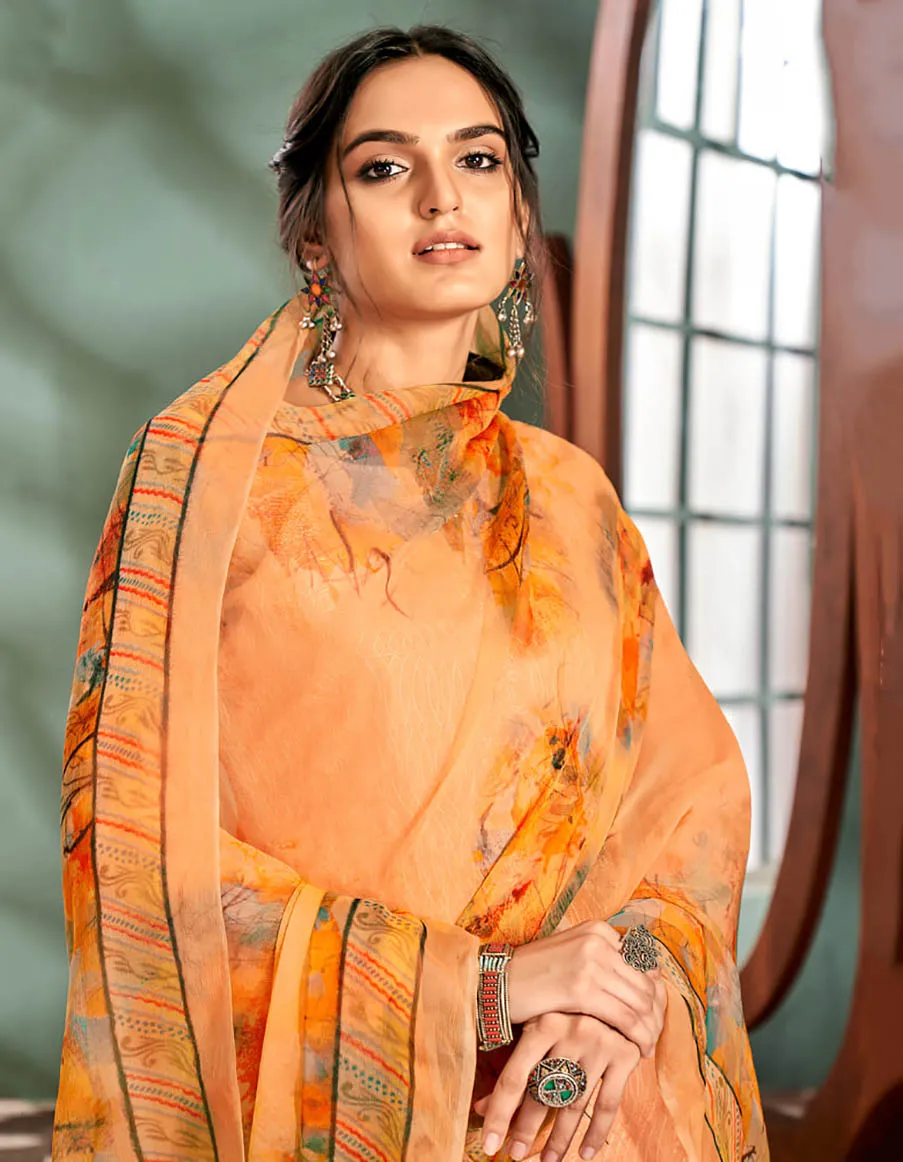 Women's Printed Orange Unstitched Cotton Suit Dress Material