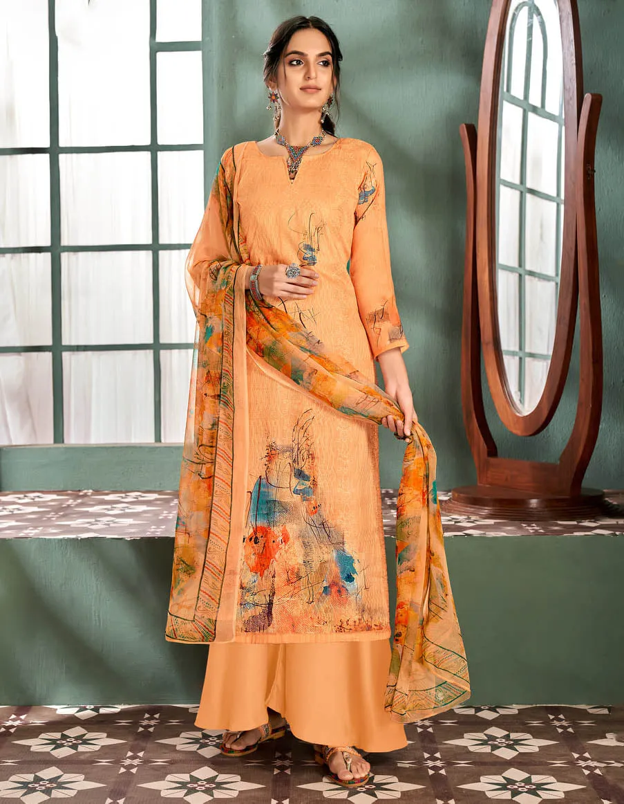 Women's Printed Orange Unstitched Cotton Suit Dress Material