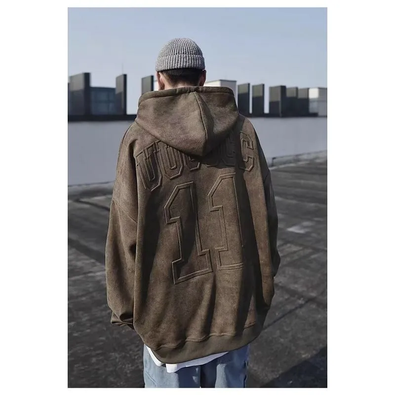 Worn-Out Look Retro Plus Washed Out Suede Camel Velvet Hoodie