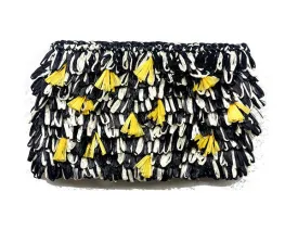 Yellow and Black Raffia Pilarette Clutch