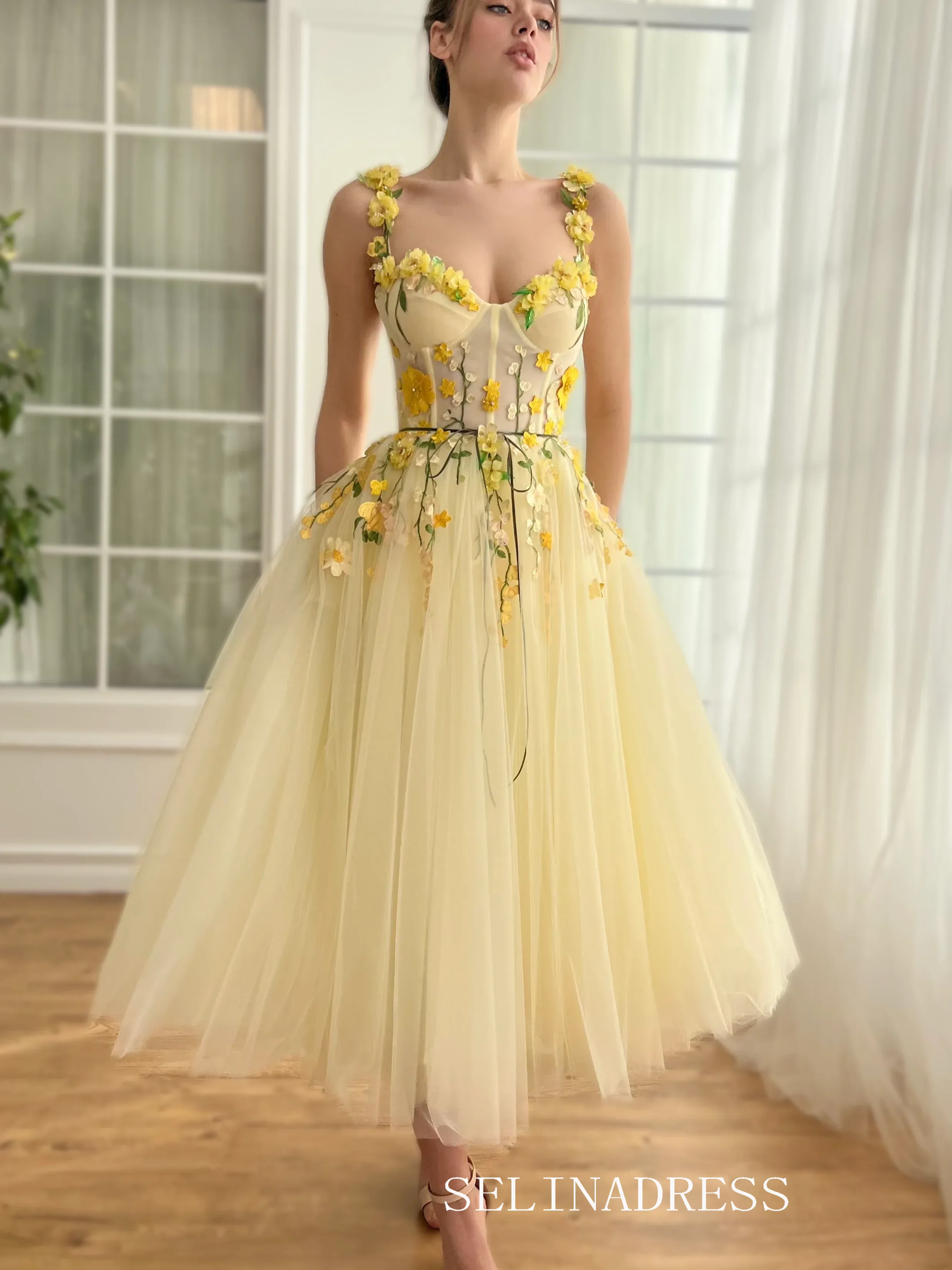 Yellow Floral Wedding Dress Tea Length Tulle Prom Dresses Princess Evening Gowns EWR308