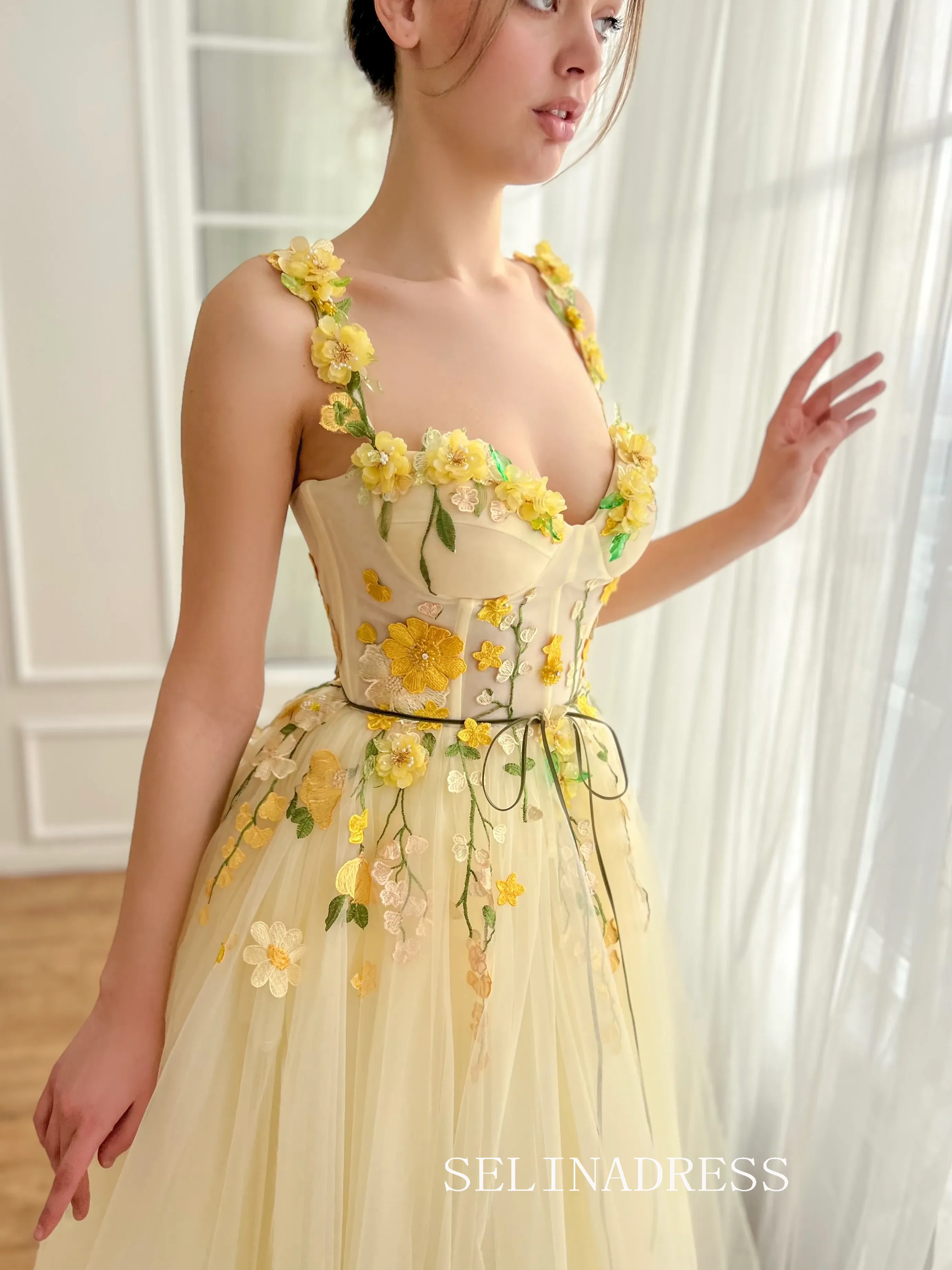 Yellow Floral Wedding Dress Tea Length Tulle Prom Dresses Princess Evening Gowns EWR308