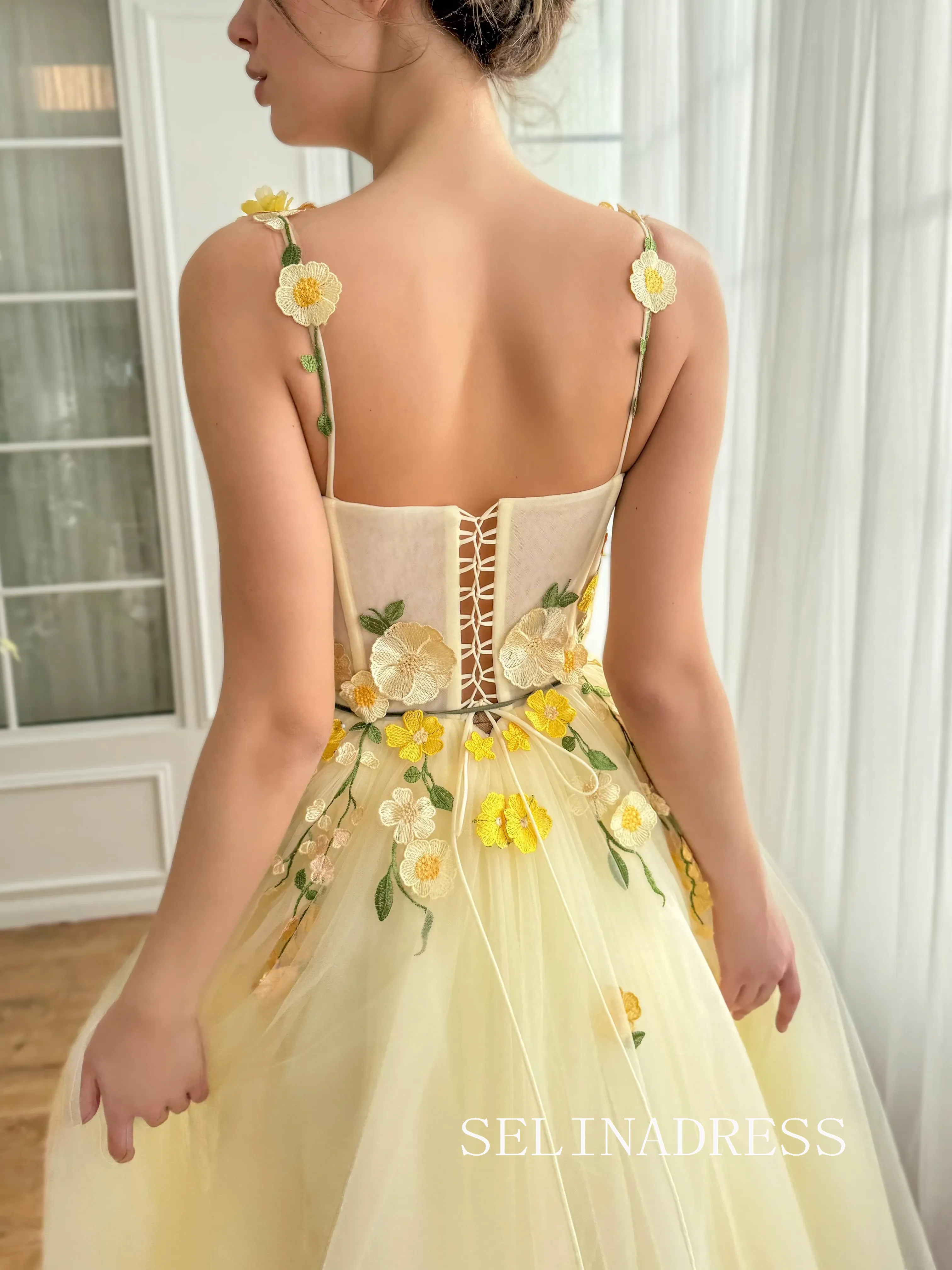 Yellow Floral Wedding Dress Tea Length Tulle Prom Dresses Princess Evening Gowns EWR308