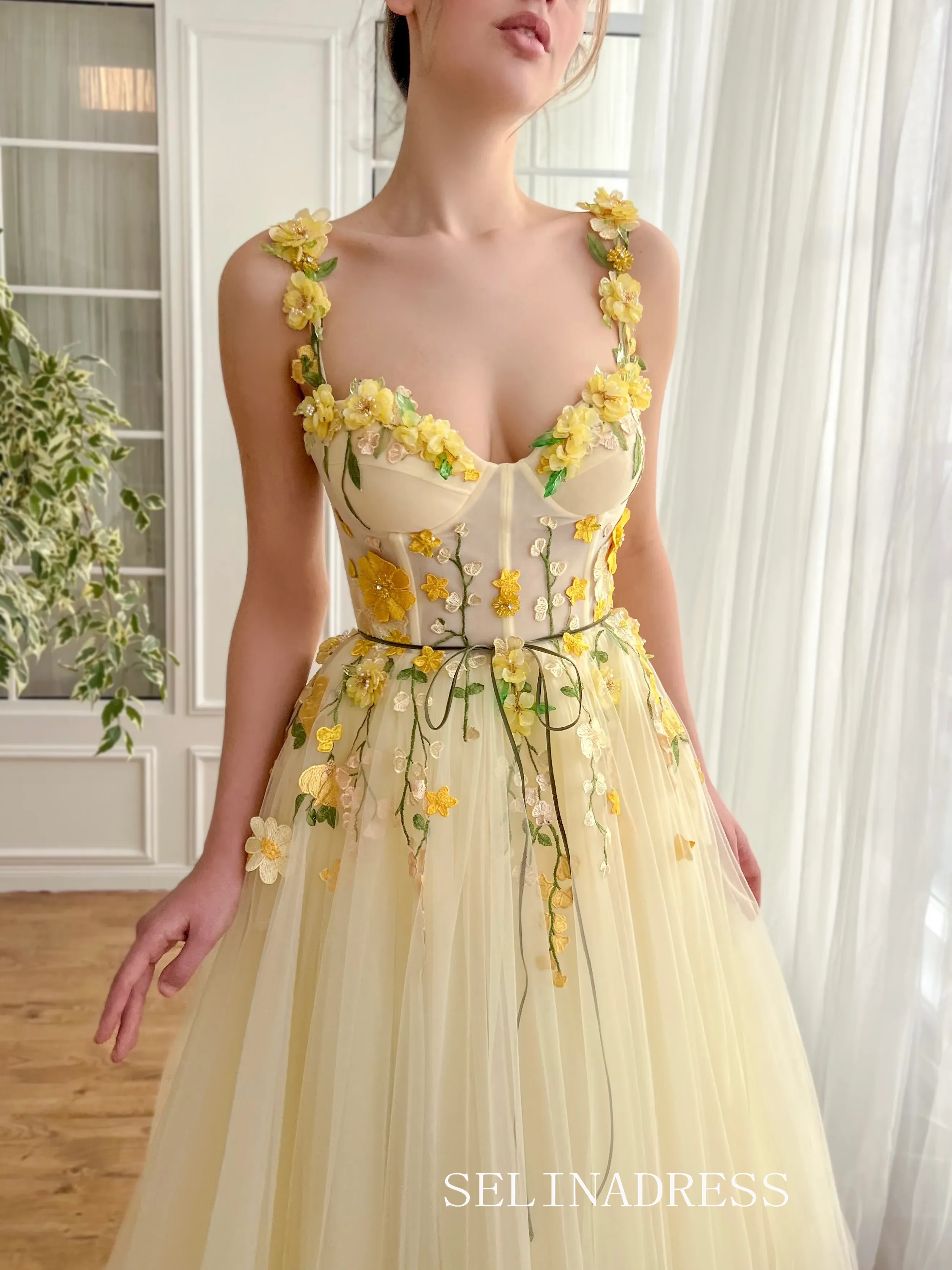 Yellow Floral Wedding Dress Tea Length Tulle Prom Dresses Princess Evening Gowns EWR308